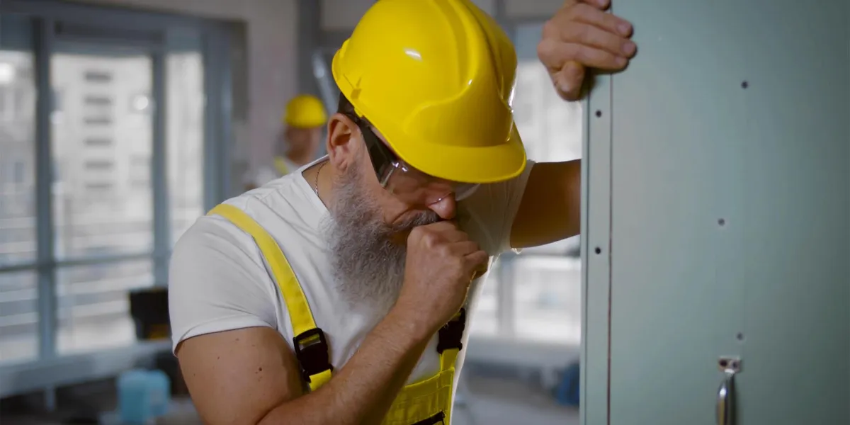 Ein Bauarbeiter hustet, da er die Berufskrankheit Asbestose hat. © Adobe Stock, nimito