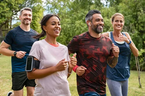 Eine Gruppe von Mitarbeitern nutzt die Möglichkeit zum Betriebssport und joggt gemeinsam. © Adobe Stock, Rido